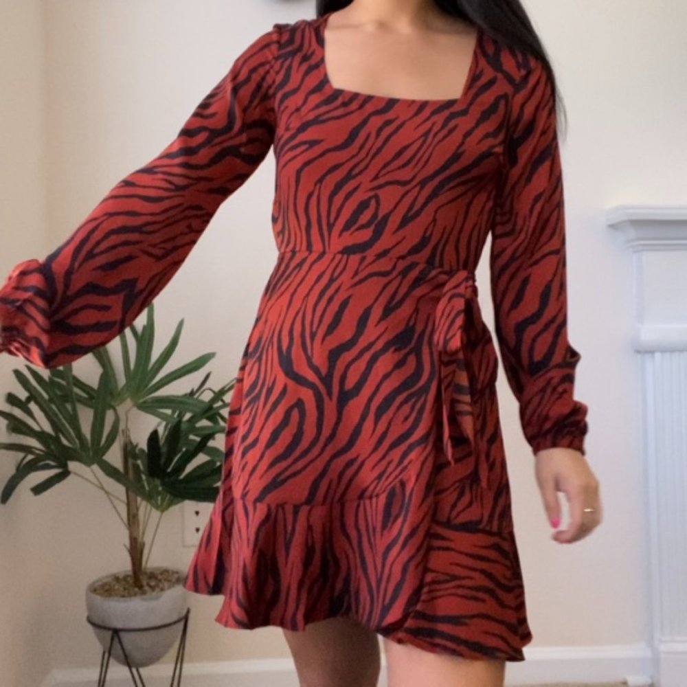 BURNT ORANGE AND BLACK ZEBRA PRINT WRAP DRESS